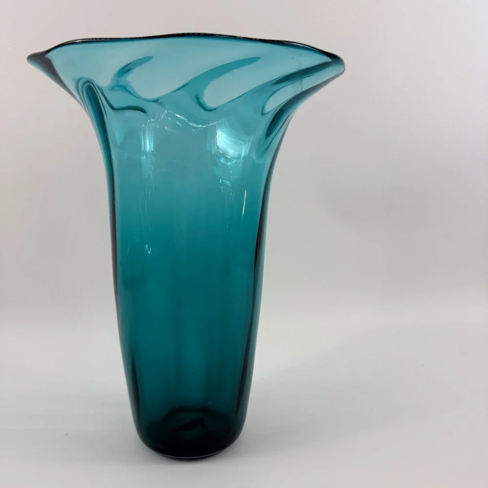 MCM Teal Swirl Optic Flared Glass Vase Blenko Style‎ Pilgrim Rainbow Kanawha